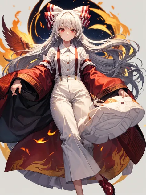 1girl, fujiwara no mokou (touhou), red eyes, very long hair, white hair, grey hair, sidelocks, bangs, hime cut, white shirt, beige shirt, collared shirt, buttons, long sleeves, sleeve garter, suspenders, red pants, baggy pants, pants, ofuda, ofuda on cloth...