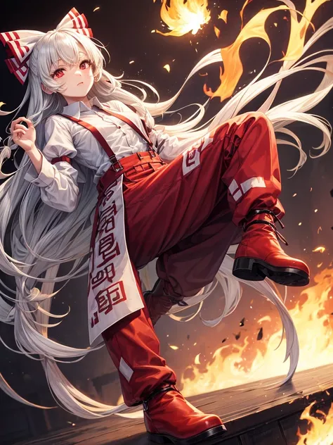 1girl, fujiwara no mokou (touhou), red eyes, very long hair, white hair, grey hair, sidelocks, bangs, hime cut, white shirt, beige shirt, collared shirt, buttons, long sleeves, sleeve garter, suspenders, red pants, baggy pants, pants, ofuda, ofuda on cloth...