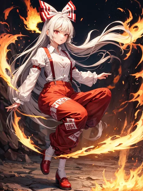 1girl, fujiwara no mokou (touhou), red eyes, very long hair, white hair, grey hair, sidelocks, bangs, hime cut, white shirt, beige shirt, collared shirt, buttons, long sleeves, sleeve garter, suspenders, red pants, baggy pants, pants, ofuda, ofuda on cloth...