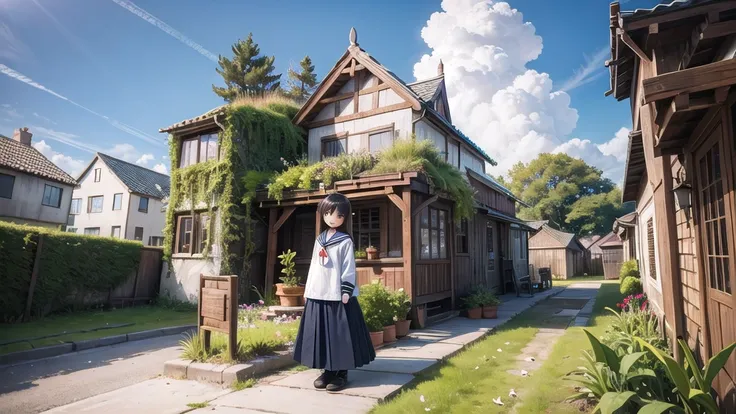 (masterpiece),  town,  blue sky,  One Girl,  smile,  alone,  Sailor suit、Long skirt,  Overgrown,  petal,  plant、Skirt lining、Translucent slip、Nostalgic