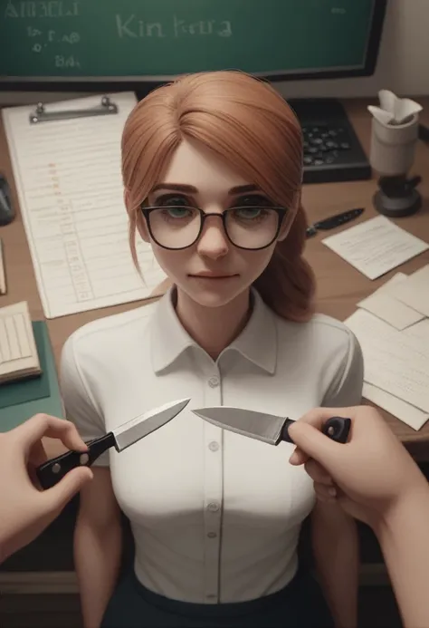 a woman with glasses, top view, telegram, Grinning, kda, thrill, April rendering, adorable, hybarium, 3d animated, 3D animated, right hand knife, fork in left hand.