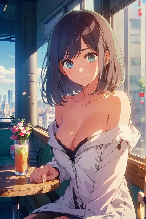 (Highest quality:1.4、8K:1.4、detailed)、F cup bust、Big Breasts、Slim body、Very white beautiful skin、((((1 person、Surprised expression、sit、Chair、In the background are the urban buildings of Tokyo、looking at the camera、Indoor cafe terrace、Navy hair color、juice、...