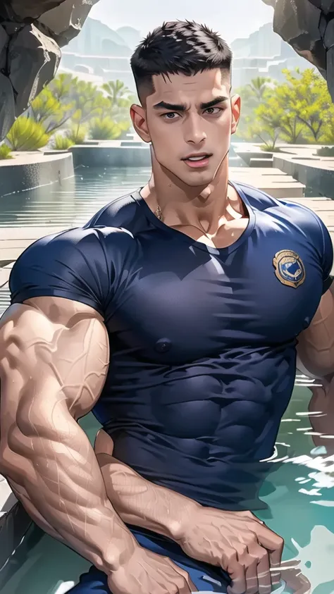 1 man,(lying on the water wall:1.6),(crew cut short hair:1.3),black eye,(Wear a fitted round neck t-shirt in navy with a police badge.:1.3),(fit neck),Navy blue jeans,(black_gloves),
Korean guy,chest muscles,large arm muscles,blood vessel,Big muscles,Broad...