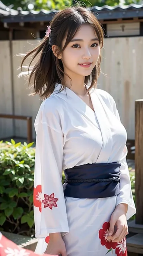 Highest quality、超A high resolution、(Photorealistic:1.5)、1 girl、(Brown Hair:1.2)、(Big Breasts:1.2)、Whole Body Ezbian、smile、Bad Eyes、(Girl in yukata with hair swaying in the wind :1.3)、Perfect dynamic composition, Beautiful attention to detail, Medium Hair, ...