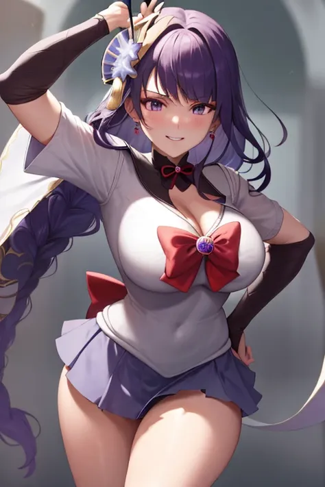 masterpiece, high definition, best quality, rendered art, well formed hands, fingers and body, 1 woman, solo, Raiden Shogun, adult, grown up, wearing Sailor Moons outfit, big breasted, cleavage, full body, sexy sailor senshi uniform, short blue skirt, red ...