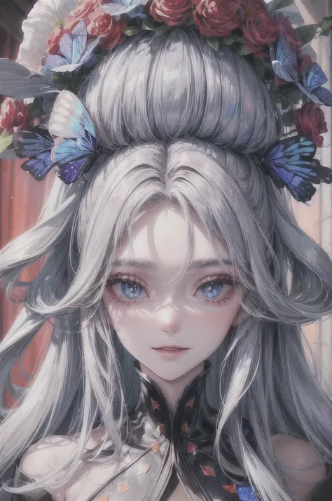  One beautiful woman、Gray Hair、Crystal-like hair、Blue eyes that shine like jewels、The corners of her eyes are painted red.、Smile bewitchingly、Highest quality、masterpiece、Super detailed、inflammation、Red burning butterfly、beautiful