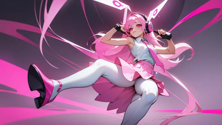 A woman with pink hair, long hair, robotic headphones and pink eyes, cute face, wearing a white sleeveless shirt. Shirt with pink skirt  Theres a pink tie. Wear long white stockings Pink high heels Standing and posing like an idol