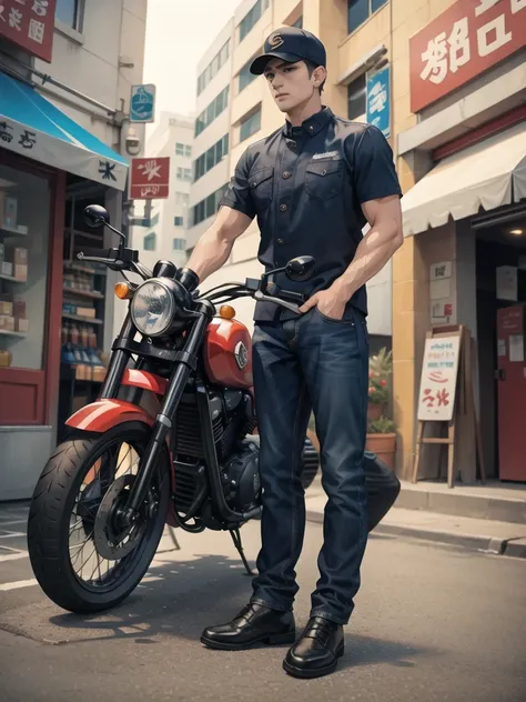 In front of the noodle shop, a navy blue motorcycle is in front.