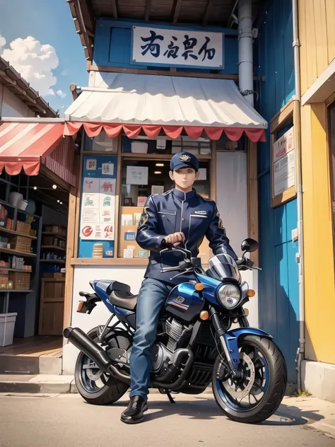 In front of the noodle shop, a navy blue motorcycle is in front.