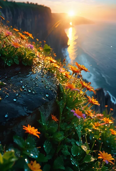 Beautiful and detailed morning scenery, Intricate details, Practical, Dramatic Lighting, The first rays of sunlight at dawn, sunrise，Sunshine，Dew drops on flowers on the cliff, Natural Lighting, Movie, photoPractical, High resolution wallpaper