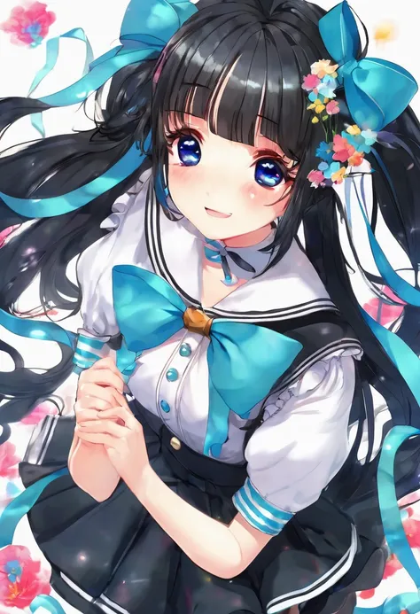 work, Highest quality, girl, Twin tails、long hair alternative, absurdly long hair, black hair, bow hair, Aqua Eye, Captivating smile, tongue, Iris, Long eyelashes, Big Breasts, Sailor, Black long skirt, shoes, meanwhile, hair ribbon, flower ribbon, hair_ri...