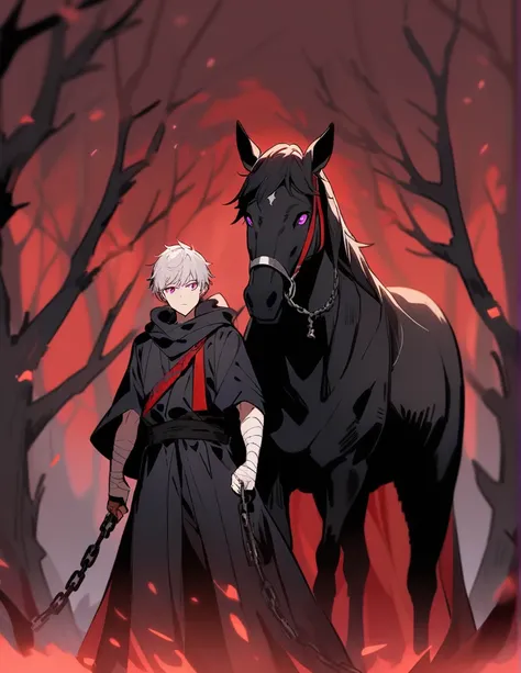 Greek boy with long white hair, violet eyes, with bandaged wrists, holding chains in one hand and facing a black horse with red manes, in a
 red forest of dead trees