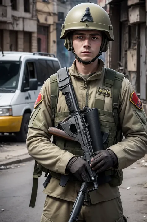  a soldier in the war in Ukraine with a shotgun in the burning city he wears a helmet