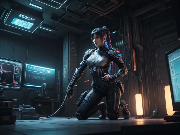 ((Best quality)), ((masterpiece)), (Very detailed:1.3), eve, star blade, 3d, Beautiful (Cyberpunk:1.3) Female hacker, Mohican hairstyle, kneeling on the ground, Thick hair, working with computer terminals, head-mounted displays, computer servers, LCD scree...