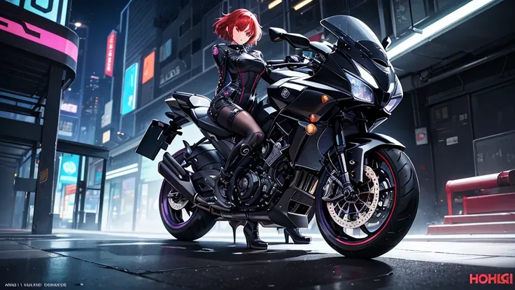 the image shows an illustrated character sitting on a motorcycle.. the character has short hair and wears a suit with black-viol...