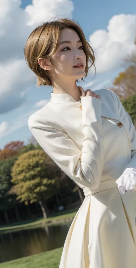 ((masterpiece,best quality)),1girl,solo, (((Chisato Nishikigi))), short hair, light yellow hair, solo, dress, detail eyes, looking at viewer, long sleeves, standing, white dress, gloves,hair ornament, black jacket, smile, floating hair, dutch angle, closed...