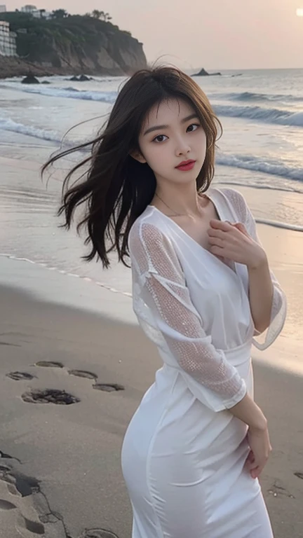 1 Girl,beach,Soft Light,Chinese Beauty,dress without sleeve,Dark-haired,Length of hair