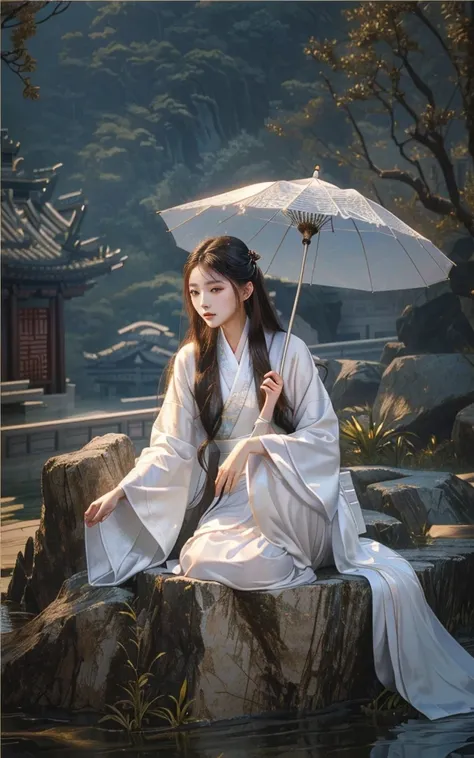 Araffe lady in white dress sitting on the rock，Holding an umbrella, palace ， Girl wearing Hanfu, White Hanfu, Hanfu, Wearing ancient Chinese clothes, Wearing a robe, Long flowing hair and robes, Chinese traditional clothing, wuxia, Wearing Chinese clothing...