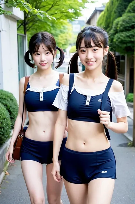 girls walking in sunny Japanese school street,navy blue school swimsuit with camisole straps and white trim,student bag,18-year-old,bangs,a little smile,thighs,knees,short hair with low pigtails bunches,from before,front light