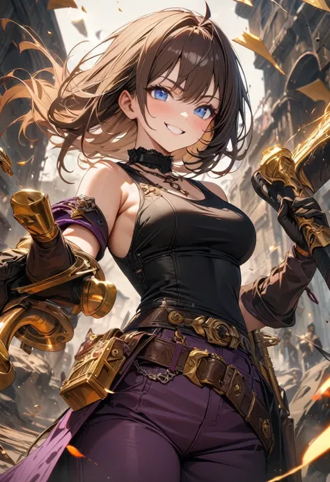 Adult girl, long brown hair, blue eyes, smile, black tight tank top, golden elements, tight purple pants, heavy battle gloves, nunchucks, demon hunter, Masterpiece, best quality, Full HD, 8k, ultra details, great graphic