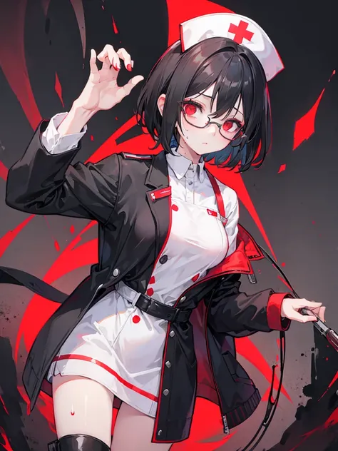 1girl,{Zombies},black hair,short hair,red eyes,wearing glasses,nurse hat,medium breast,sweat,long black boots,standing,nurse suit