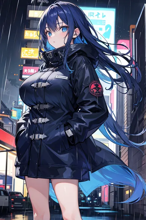 1 Girl，Night City，rain，Coat，Put your hands in your pockets，Blue long hair，Huge breasts