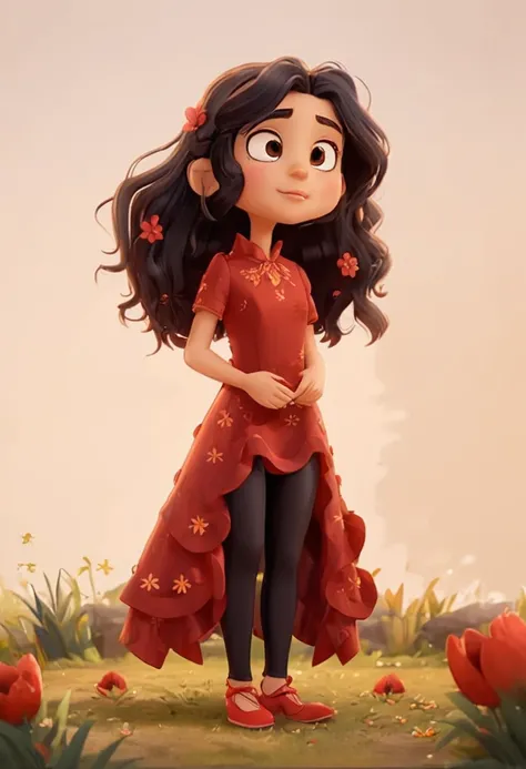 ((detailed scene)) ((depict walking)) ((a red flowered gown with leggings)) ((a single dress for the character)) ((a quiet girl)) (( long flowing black hair ))((gentle brown eyes)) ((she stood on a grassy path)) ((walking))