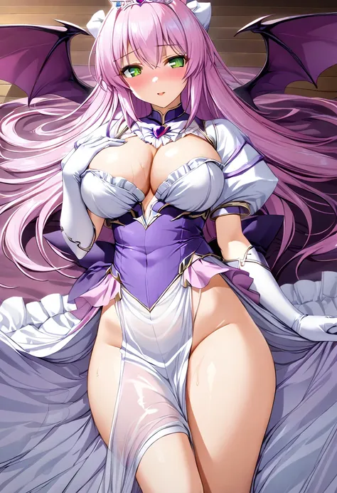 ((masterpiece)), Highest quality, Very detailed,(One Girl),Finafam Earth Light、Finafam Earth Light, Green Eyes, Long Hair, Purple Hair, dress, gloves, jewelry, Cleavage, PRİNCESS,elbow gloves,tiara,brooch,white gloves,Beautiful background, chest, Bent body...