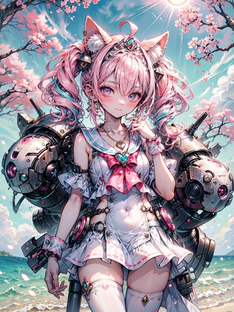 super high quality、8K quality、High resolution、Image quality captured with a single-lens reflex camera、Perfect Anatomy、Cowboy Shot、Green Aicha Girl)((Pink Hair)), Pink Eyes, (Gold Tiara), Twin tails, (Cherry blossom ornament)Sleeveless, (Sleeveless Shirt, S...