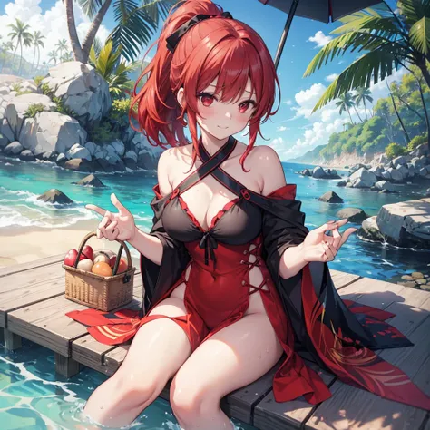 Parasol, food, basket, flip flops, vinyl sheet, Beaches and sands, Calm expression, Perfect hands, elder, Red Hair, The dignity of a 50-year-old, 落ち着きのあるwoman, solo、(Highly detailed background:1.0)、(Highly detailed background:1.0)、masterpiece、Highest quali...