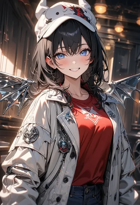 Adult man, short black hair, blue eyes, white leather coat, red T-shirt, silver elements, jeans, demon hat, metal wings, smile, Masterpiece, best quality, Full HD, 8k, ultra details, great graphic