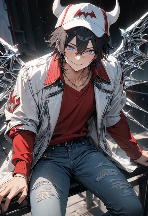 Adult man, short black hair, blue eyes, white leather coat, red T-shirt, silver elements, jeans, demon hat, metal wings, smile, Masterpiece, best quality, Full HD, 8k, ultra details, great graphic