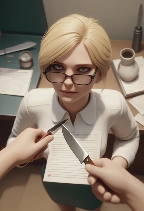 a woman with glasses, hair blonde, no back ground, top view, telegram, Grinning, kda, thrill, April rendering, adorable, hybarium, 3d animated, 3D animated, right hand knife, fork in left hand.