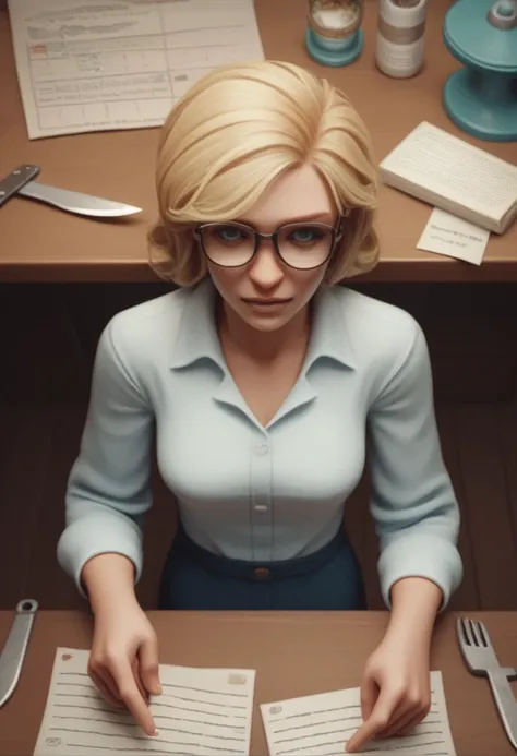 a woman with glasses, hair blonde, no back ground, top view, telegram, Grinning, kda, thrill, April rendering, adorable, hybarium, 3d animated, 3D animated, right hand knife, fork in left hand.