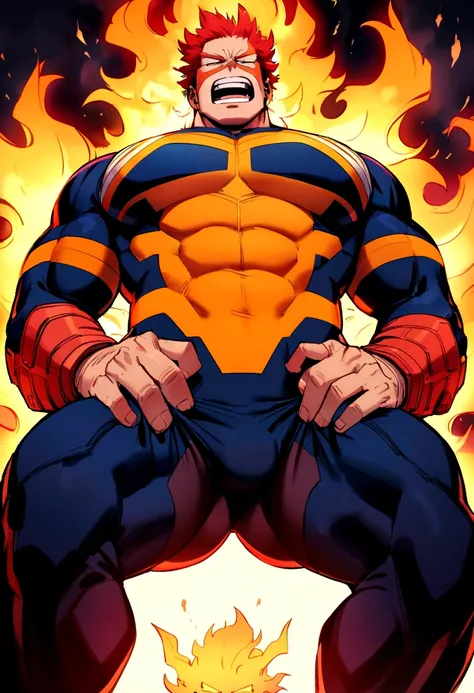 Endeavor, my hero academia, from front, super fine, bodysuits, middle-aged man, hunk, looking down and mouth wide open with shocked face, crotch grab, crotch squeeze,