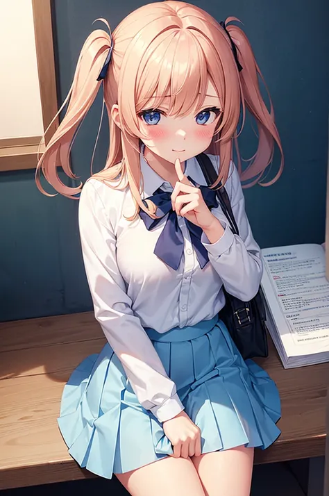 From above, (Squint your eyes:1.2), close, One Girl, blush, sit, nsfw,beautiful girl,Wear a uniform, Light blue skirt, Anime move,Two Side Up