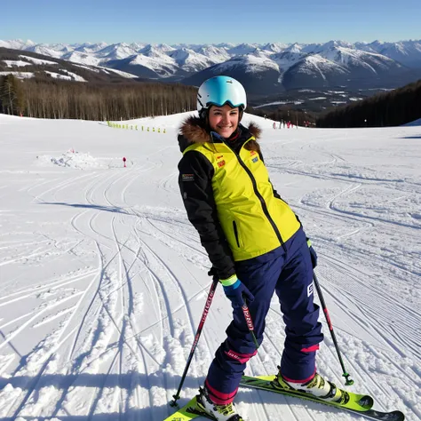 Jeune femme de 25 ans, brune, tenue de ski, qui prend la pose en haut d’une piste de ski