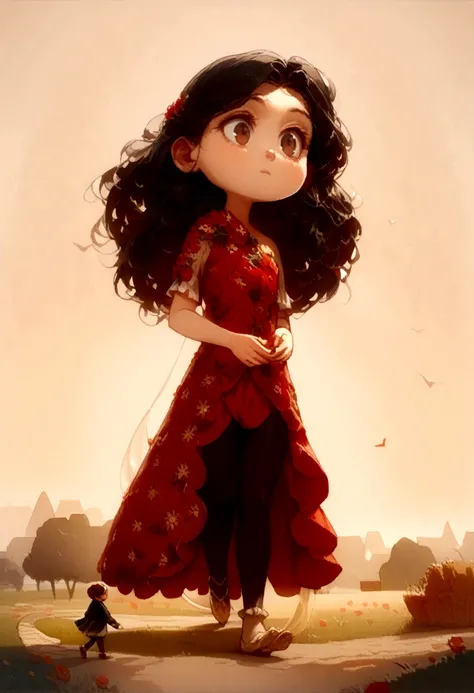 ((detailed scene)) ((a red flowered gown with leggings)) ((a single dress for the character)) ((a quiet girl)) (( long flowing black hair ))((gentle brown eyes)) ((she stood on a grassy path)) ((taking a walk))