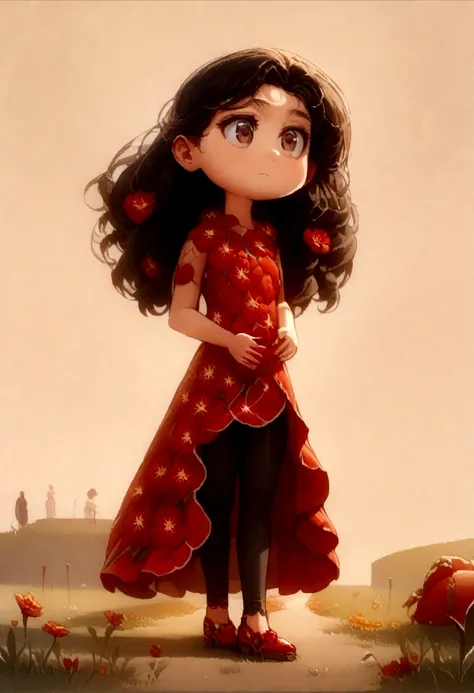 ((detailed scene)) ((a red flowered gown with leggings)) ((a single dress for the character)) ((a quiet girl)) (( long flowing black hair ))((gentle brown eyes)) ((she stood on a grassy path)) ((taking a walk))