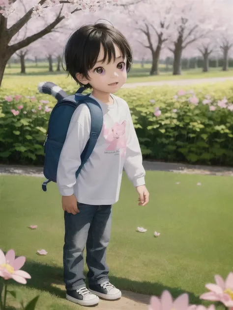 Tip: A very charming little boy with a backpack and her cute tiger enjoying a lovely spring outing surrounded by beautiful pink flowers and nature. The illustration is a high-definition illustration in 4k resolution, featuring highly detailed facial featur...