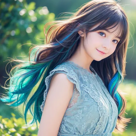 Create an anime-style portrait of a young girl with vibrant, multi-colored hair that transitions from yellow to green to blue. The girls hair should flow naturally, and she should have large, expressive blue eyes. Her expression should be soft and gentle, ...