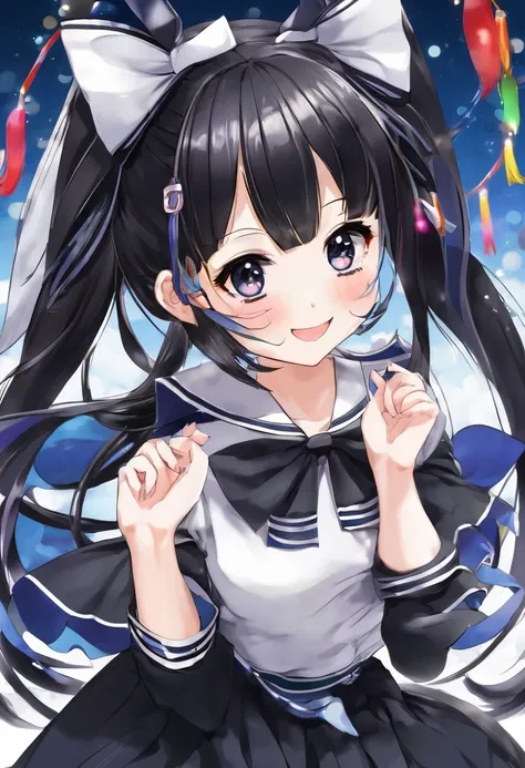 work, Highest quality, girl, Twin tails、long 髪 alternative, absurdly long 髪, Black Hair, bow 髪, Captivating smile, tongue, Iris, Long eyelashes, Small breasts, Sailor, Black long skirt, shoes, meanwhile, Hair Ribbon, dance、Stinking eyes