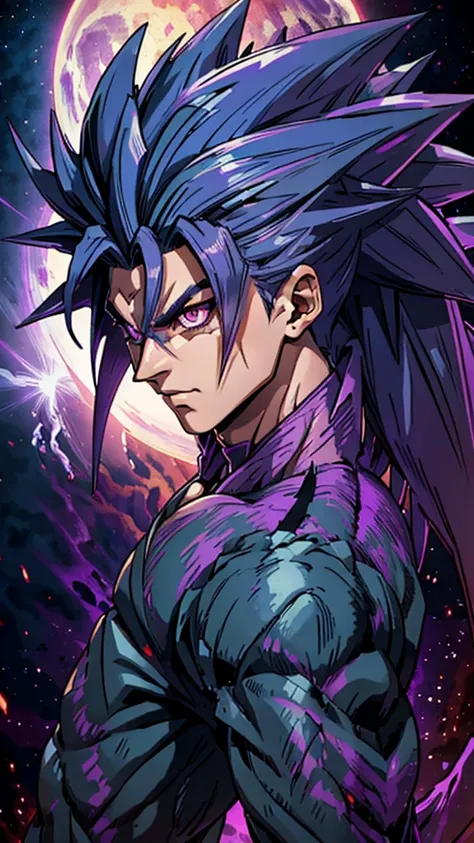 humanoid kaiju with long spiky hair muscular man male straight purple energy