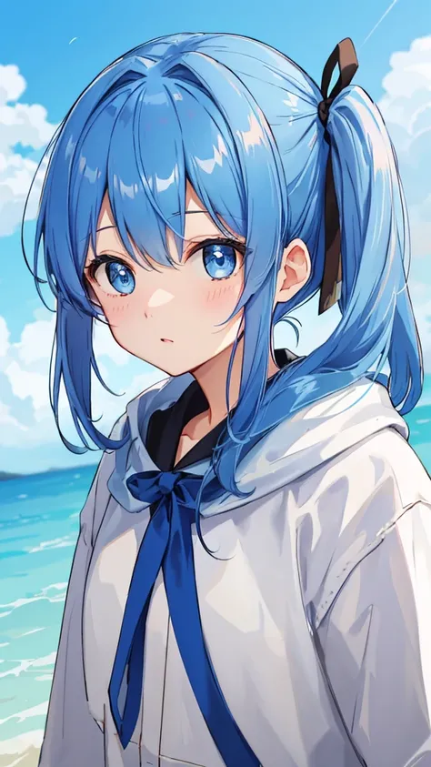 bangs、blue eyes、Blue Hair、Hair Ribbon、Side Ponytail、