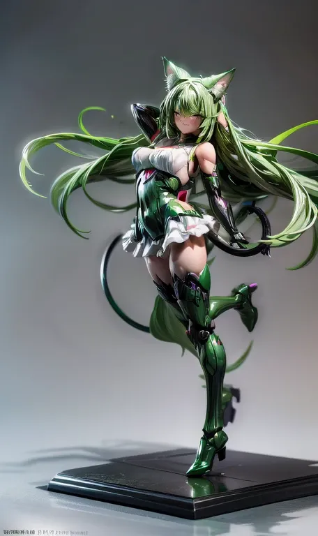  anime figure, figma,(detailed eyes))
1girl,((cat ears)),cat tail, ((long straight green hair:1.3)),big expressive neon green eyes,,expressive eyes,(((smile,blush wink))),(((full body:1.4))), ((mechanical full body suite, mecha)), feather robot wings,black...