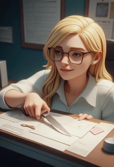 a woman with glasses, long blonde hair, imagem sem fundo, top view, telegram, Grinning, kda, thrill, April rendering, adorable, hybarium, 3d animated, 3D animated, right hand knife, fork in left hand.