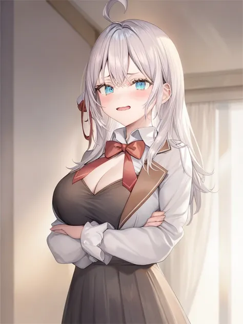 ((masterpiece)),((Highest quality)),High resolution,Extremely detailed CG,Perfect lighting,8k wallpaper, One Girl,,Silver Hair,Very long hair,Light blue eyes,Look at the audience, Alisa Mikhailovna Kujou 、Very large breasts