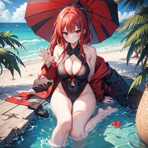 Parasol, food, basket, flip flops, vinyl sheet, Beaches and sands, Calm expression, Perfect hands, elder, Red Hair, The dignity of a 50-year-old, 落ち着きのあるwoman, solo、(Highly detailed background:1.0)、(Highly detailed background:1.0)、masterpiece、Highest quali...