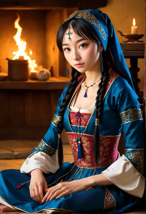 eautiful eighteen years, old, sitting on the floor in traditional 16th century outfit with an Inn background, Miki Asai Macro photography, close-up, hyper detailed, trending on artstation, sharp focus, studio photo, intricate details, highly detailed, by g...