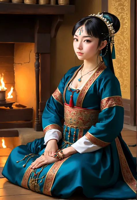 eautiful eighteen years, old, sitting on the floor in traditional 16th century outfit with an Inn background, Miki Asai Macro photography, close-up, hyper detailed, trending on artstation, sharp focus, studio photo, intricate details, highly detailed, by g...